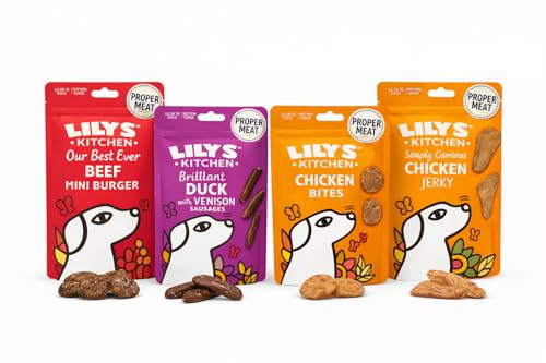 Lilys Kitchen Natural Dog Treats Multipack - Beef Mini Burgers, Duck and Venison Sausages, Chicken Bites & Chicken Jerky (4 x 70 g)