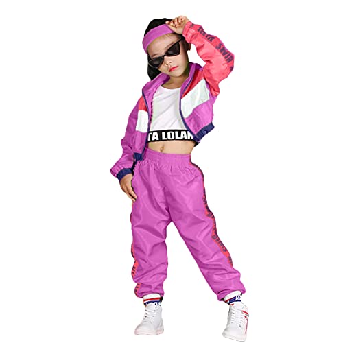 LOLANTA Ensemble de 3 vêtements hip-hop pour filles, survêtement rétro colorblock des années 80, débardeur court, veste zippée, pantalon de jogging, Magenta, 6-7 ans, 130