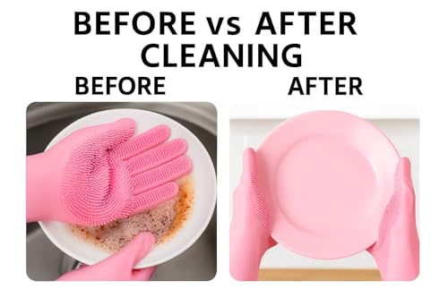 Image of Gloves Magic Silicone Dish Washing Gloves, Silicon Cleaning Gloves, Silicon Hand Gloves for Kitchen Dishwashing and Pet Grooming, Great for Washing Dish, Car, Bathroom PINK