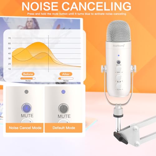 Image of zealsound Gaming Condenser Microphone, Podcast Mic with Boom Arm for Phone /PC /PS4 /PS5, USB Microphone for Recording /YouTube /Streaming, Headphone Output, Mute Button, Echo Volume Gain Control (White)