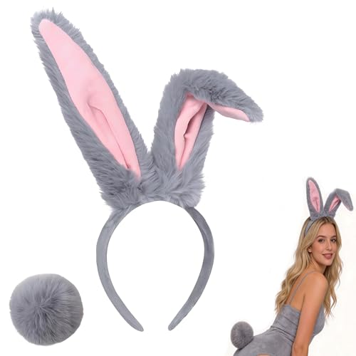 CaeyBrye Bunny Ears Headbands and Tail - Bunny Costume Accessories Set for Women White/Grey Rabbit Ears Headband Tail for Cosplay