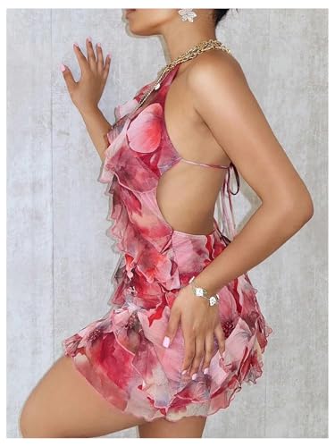 Milumia Women's Floral Ruffle Trim Bodycon Mini Dress Tie Backless Halter Short Dresses4