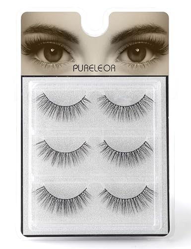 False Eyelashes Natural Looking 3D Mink Lashes Short Soft Reusable Fake Eye Lash Demi Wispies Strip Lashes Multipack Handmade, 3Pairs No Glue Included