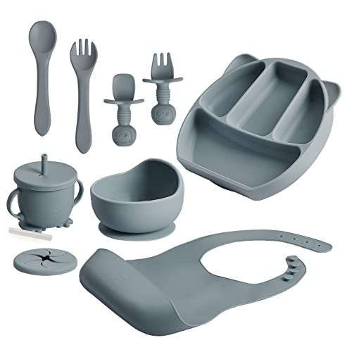 Image of Blue Baby Feeding Set – Baby Feeding Supplies Set with Bib, Sippy Cup, First stage toddler utensils, Suction Bowl, Divided Plate, Baby Spoon and Fork – Food-Grade Silicone Baby Led Weaning Supplies