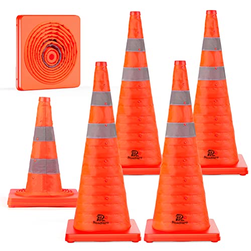 RoadHero 28 Inch 6 Pack Collapsible Traffic Safety Cones, Multi Purpose Pop-up Cones with Reflective Collar for Road Safety, Orange Cones for Driving Training, Parking Lots