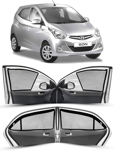 Image of Autofact Magnetic Car Sunshades Compatible with Hyundai Eon (2011 to 2024) (Set of 4) - Easy Installation, UV Protection (Front 2 Half-Cut for Side Mirror Visibility, Rear 2 with Zippers)