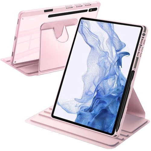 A-BEAUTY Funda Giratoria Compatible con Samsung Galaxy Tab S8 Plus 2022 / S7 FE 2021 / S7 Plus 2020 12.4 Pulgadas con Soporte S Pen, Rotación de 360° Respaldo Clara, Rosa