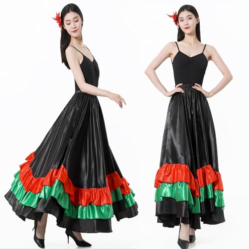 Adult Ruffles Black Red Green Maxi Long Dance Skirt for Mexican Flamenco Halloween Costume (Black Skirt-Green/red Ruffles) - Thumbnail 5