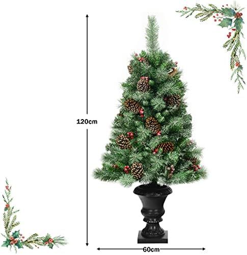 GYMAX 4FT Christmas Tree, Artificial PVC Trees with Glittered Branches, Pine Cone and Red Berries, Easy Assembly Xmas Decoration for Indoor and Outdoor