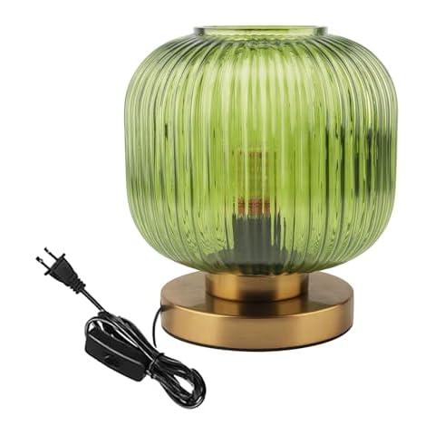 Auwieou Green Glass Table lamp mid Century Modern Table lamp Ribbed Glass Shade Gold Desk lamp nightstand lamp Small Table lamp for Bedside Bedroom Living Room Office Cover