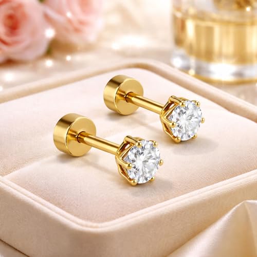 Image of VAMA FASHIONS 5mm 18K Gold Plated Anti Tarnish White Stone Round Shape Piercing Cartilage Ear Studs Lightweight Hypoallergenic Stud Earrings for Men & Boys