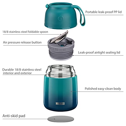 Image of MAXSO Soup Thermos for Hot Food, 17 oz Stainless Steel Vacuum Insulated Lunch Container Bento Box with Spoon for Adults, Leakproof Thermal Food Jar for Office Picnic Travel - Blue Green