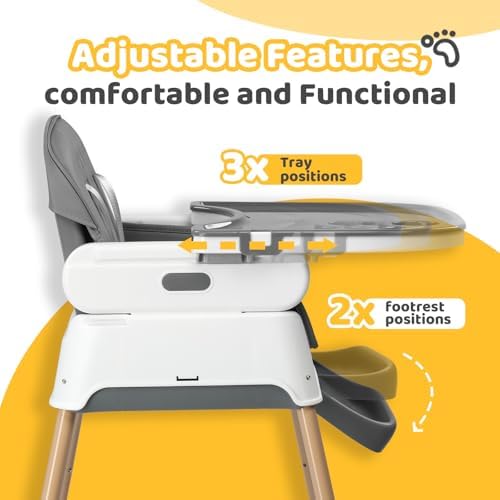 JOYMOR 5 in 1 Baby High Chair for Babies and Toddlers, Portable Highchair Fold Compact, ConvertibleBaby Feeding Chair Booster for Eating with Detachable Double Tray, 5 Point Harness (Grey&White) - 1