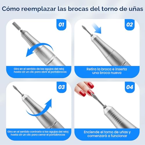 Lima eléctrica uñas y pulidor profesional 45000 RPM con 6 brocas kit 4