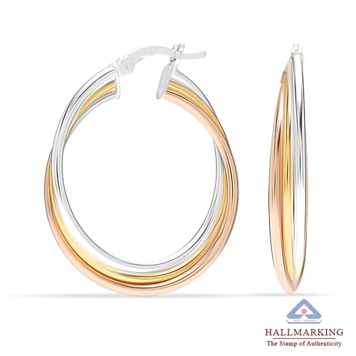 Image of TRUESILVER ACPL 925 Sterling Silver Hoop Earrings for Women | BIS Hallmarked Two-Tone & Three-Tone Intertwined Hoop Earrings | Oval & Round Lightweight Jewelry