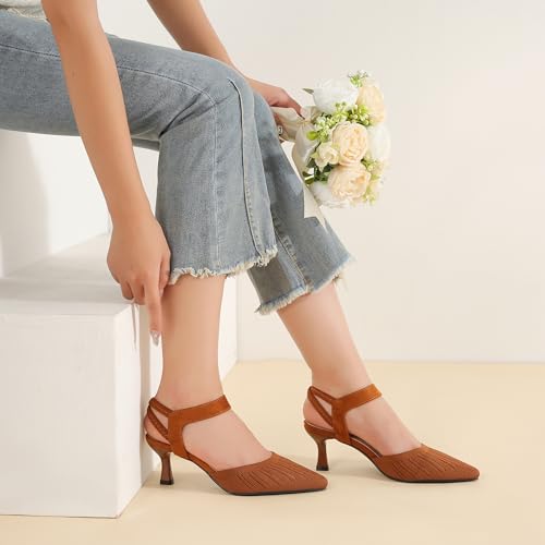 Women's Low Kitten Heels Knit Pumps Elastic Ankle Strap Slingback Dress Shoes2