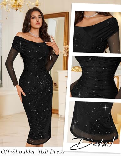 BeryLove Womens Long Sleeve Off Shoulder Formal Wedding Guest 2025 Mesh Sequin Dress4
