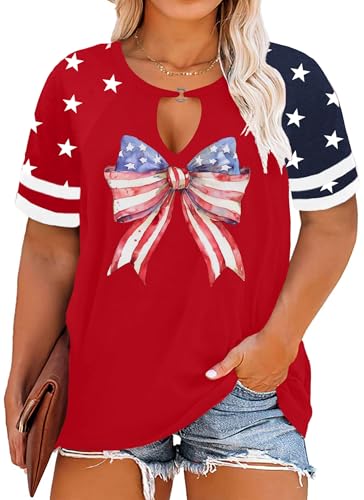 Image of Ithalt Plus Size American Flag Shirt Women Bow T Shirt 4th of July Shirts USA Patriotic V Neck Tees for Independence Day