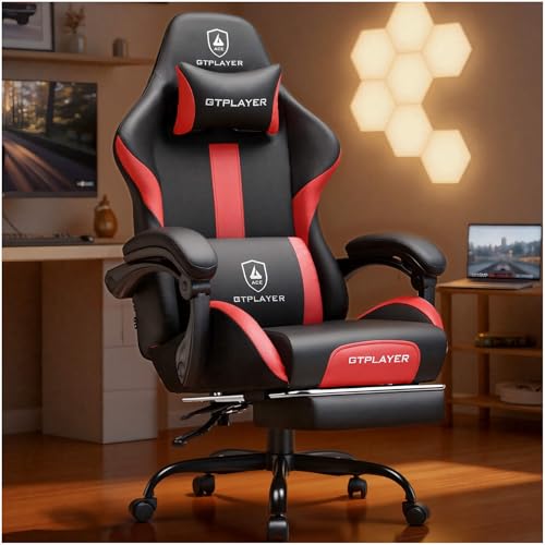 Image of GTPLAYER Gaming Chair with Foot Rest & Pocket Spring Cushion, Ergonomic High Back Computer Chair with Headrest & 360-Swivel Seat for Home Office Desk, PU Leather, Red