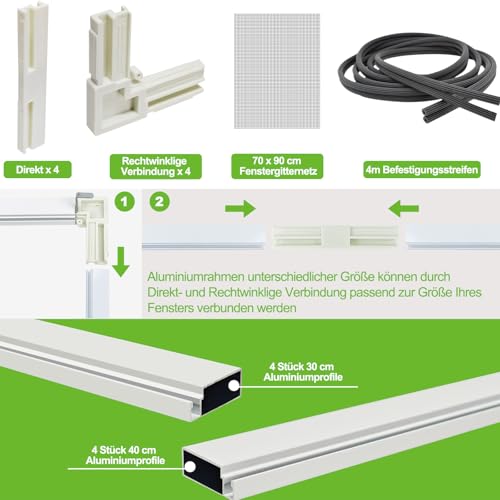 Fliegengitter Fenster mit Rahmen, 60 X 80 cm Insektenschutz Fenster Alurahmen, Mückengitter Fenster als Selbstbausatz zum EinhäNgen, Fliegenschutz Fenster Moskitonetz Ohne Bohren und Schrauben