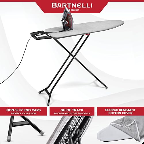 Image of Bartnelli Extreme Stability Ironing Board 43x13 Upgraded Heavy-Duty Metal Frame & Iron Rest, Height Adjustable, Foldable, 4 Non-Skid Feet, 100% Cotton Cover, Made with Patent European Engineering
