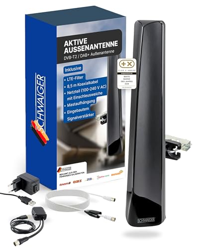 SCHWAIGER Aktive Außenantenne I Schwarz I DVBT2 DAB Aussenantenne aktiv mit Breitbandverstärker I wetterfest & UV-beständig I DVB-T2 DAB+ Antenne für digitales Fernsehen & Radio I inkl. LTE-Filter