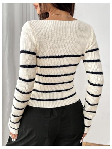 Verdusa Women's Striped Sweaters Fall Outfits Long Sleeve Boat Neck Knitted Pullover Crop Tops2