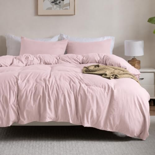 Image of Washed Primrose Pink Duvet Cover Set King Size,2 Pillow Shams, No Comforter | Prewashed Microfiber, Button Closure,4 Corner Ties, Ultra Soft, Cotton-Like, All Seasons, King Duvet Cover 104x90 in