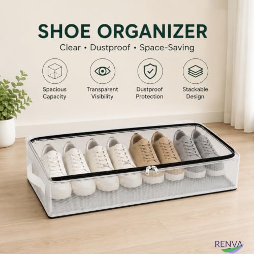 Image of RENVA 4 Pcs Foldable Transparent Shoe Storage Box with Handle & Zipper | Stackable Design, Organiser for Home, Clear Visibility, Space-Saving, Shoe Rack