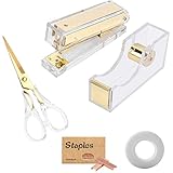 Acrylic Gold Stapler Tape Dispenser Scissors Set Heavy Duty Office Desk Stapler Tape Cutter Dispenser with 6.3' Gold Scissors Office Supplies Stationery Desk Set for Home, Office N School