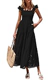 PRETTYGARDEN Womens Summer Square Neck Maxi Dresses Cap Sleeve Eyelet Smocked Tiered A Line Flowy Long Dress with Pockets (Black,Medium)