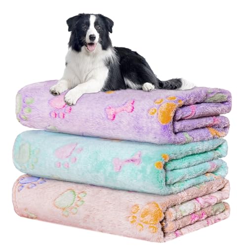 Image of Rezutan Dog Blankets Throw 3 Pack for Large Medium Pet Cat Soft Fuzzy Blankets Washable,Reversible Paw Print for Dog Kennels-Beds, Sofas, Furniture Protection,41 x 31 inch, Purple /Green /Brown