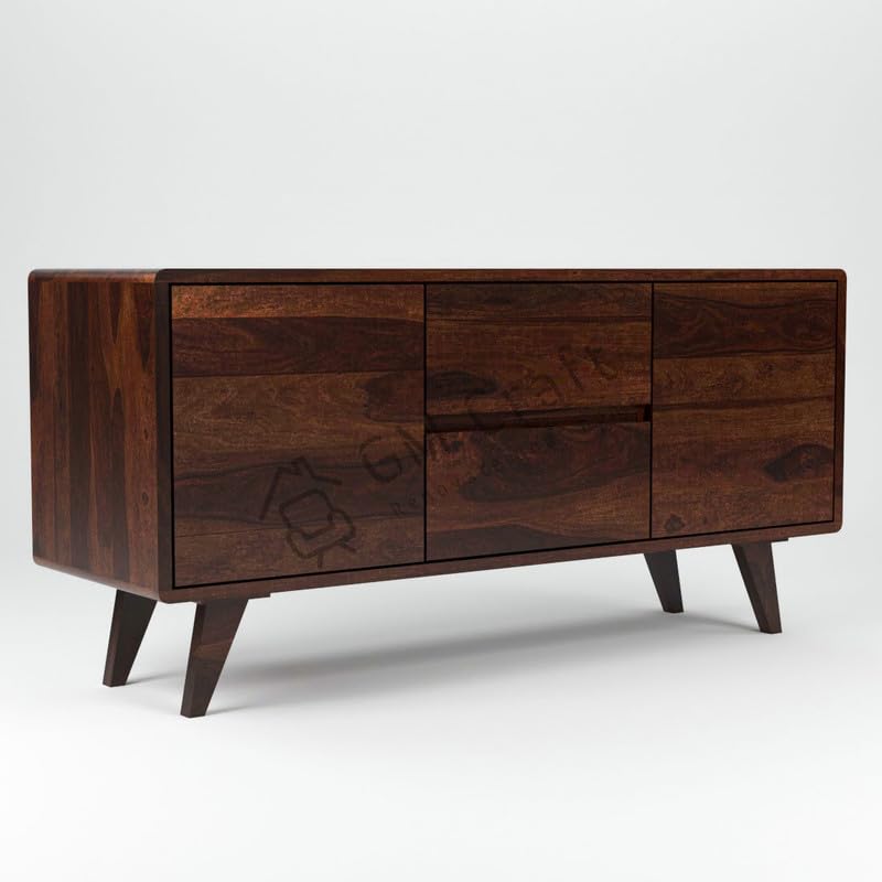 Image of Solid Sheesham Wood TV Unit for Living Room, Solid Wood TV Unit Cabinet,TV Cabinet with 2 Drawers & 2 Cabinet Storage, Solid Wood TV Entertainment Unit - Walnut Finish