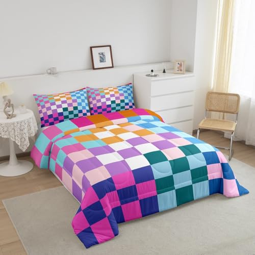 Image of Feelyou Multicolored Checkered Retro Bedding Set Kids Boys Girls Geometric Vintage Comforter Set King Size Rainbow Colorful Duvet Insert Modern Simple Groovy Aesthetic Room Decor