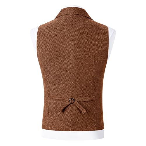 Mens Casual Vests Herringbone Tweed Waistcoat Vintage V-Neck Retro Wedding Travel Workwear Vest with Pockets3