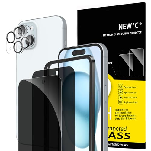 NEWC 2 x Sichtschutz für iPhone 15 für Panzerglas (6 1 Zoll) und 2 x Kamera Panzer Schutz Glas Kameraschutz-Einfaches Installationswerkzeug enthalten-Kratzfest-Verbesserter 28-Grad-schutzwinkel