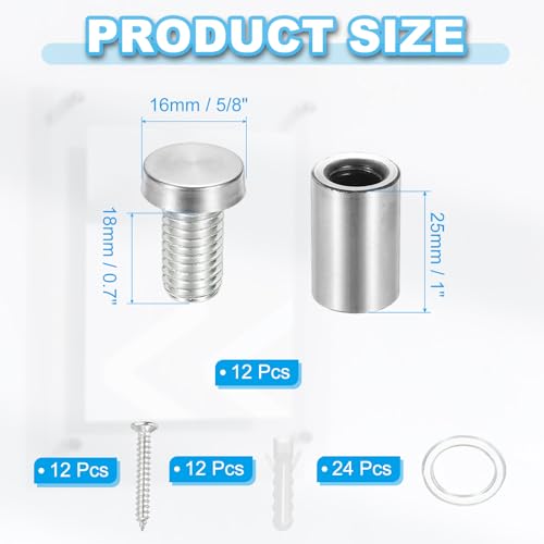Image of PATIKIL 5 /8 inch x 1.2 inch Standoff Screws, 12 Pack Stainless Steel Wall Mount Sign Standoffs Mounting Hardware Advertising Nail for Hanging Acrylic Picture Frame, Silver