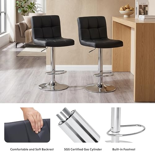 Image of HealSmart Bar Stools Set of 2, 24 inch Counter Height Stools, Modern Upholstered Kitchen Island Chairs with Sturdy Metal Base, PU Leather Saddle Seat Barstools, Black