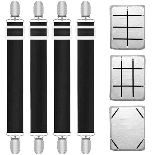 Quelcc 4 Piezas Sujeta Sabanas bajeras, Pinzas Sujeta Sabanas(Extender 30-130 cm), Sujetadores de Hojas, Ajustables Elásticos Correas Cama Clips, Tensores de Sábanas Largas para Sábanas o Sofás, Negro