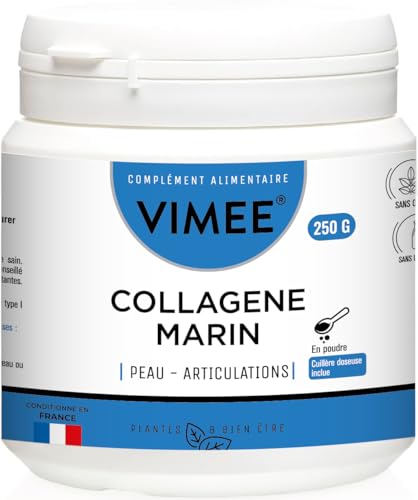 Collagène Marin en Poudre Vimee - Collagène Naticol Hydrolysé, Peptides de Type 1 et 3, Vitamine C - Complément Peau, Articulations - 250 G - 25 Jours