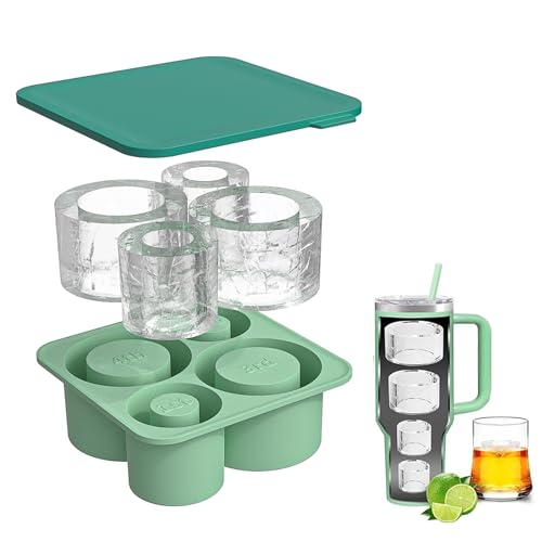Ice Cube Tray for Tumbler,4 Pcs Silicone Hollow Cylinder Ice Mold, Reusable Ice Cube Trays Compatible with Lid for 20oz 30oz 40oz Stanley Cup for Ice Drink, Juice, Whiskey, Cocktail (Green)