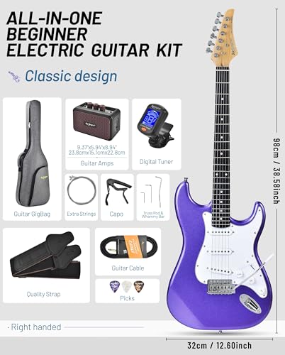 Image of Leo Jaymz Beginner Electric Guitar 39 inch Kit with Portable Amplifier, Padded Gig Bag, Digital Tuner，Capo，Strap，Picks，Classic SSS Pickups(Purple-SSS)