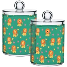 ALAZA 2pcs Lion Green Heart Qtip Holder Dispenser 14 oz Bathroom Storage Clear Apothecary Jars Containers Cotton Ball,Cotton Rounds,Floss Picks, Hair Clips, Food