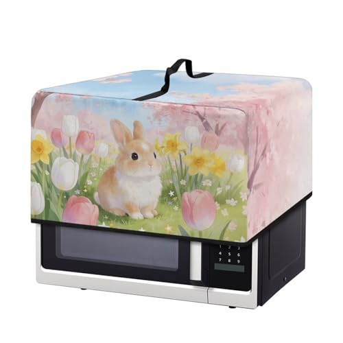Image of Dustproof Microwave Oven Cover Dust Protection Protective Toaster Oven Cover Protector for Easter Decor, S, 18.25 x 14.5 x 11 Inches, Cartoon Rabbit Tulip Flower Pink
