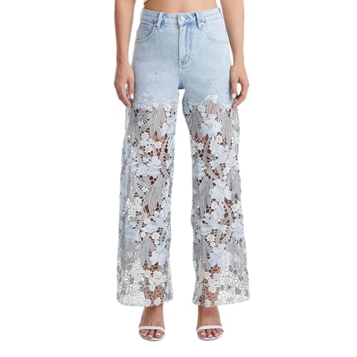 Women’S High Waist Straight Jeans with Solid Loose Spliced Hollow Out and Wide Leg Pants