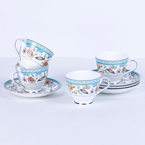 Image of GOLDEN QUEEN'S Cup & Saucer Set | Perfect for Hosting & for Tea /Coffee Lovers | Handcrafted in India, Inspired by Florals & Platinum on Rim | 6 Cups & 6 Saucers |170 ml - Blue Botanicals