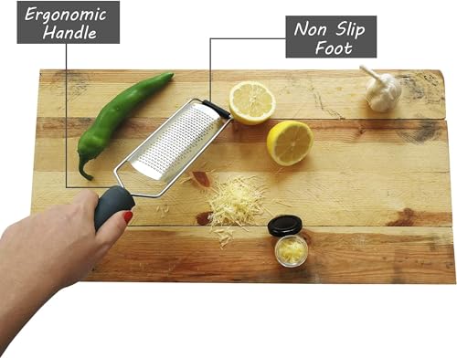 Image of Lemon Zester & Cheese Grater - Cheese, Lemon, Ginger, Garlic, Vegetables, Fruits - Razor-Sharp Stainless Steel Blade Protective Cover, Dishwasher Safe 12 Inch Flat (Black & Red)