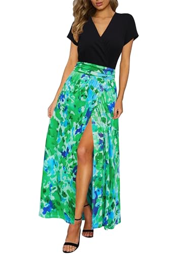 Newshows Womens Summer Dress Casual Vacation Short Sleeve V Neck Boho Beach Maxi Dresses Green Blue Abstract Flowers,M