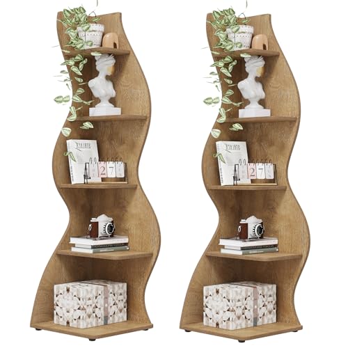 Image of Tribesigns Corner Shelf, Modern 5-Tier Wall Corner Bookshelf, Stylish Corner Small Bookcase Storage Rack Plant Stand with Unique Shape for Living Room, Home Office (Light Brown, 2PCS)