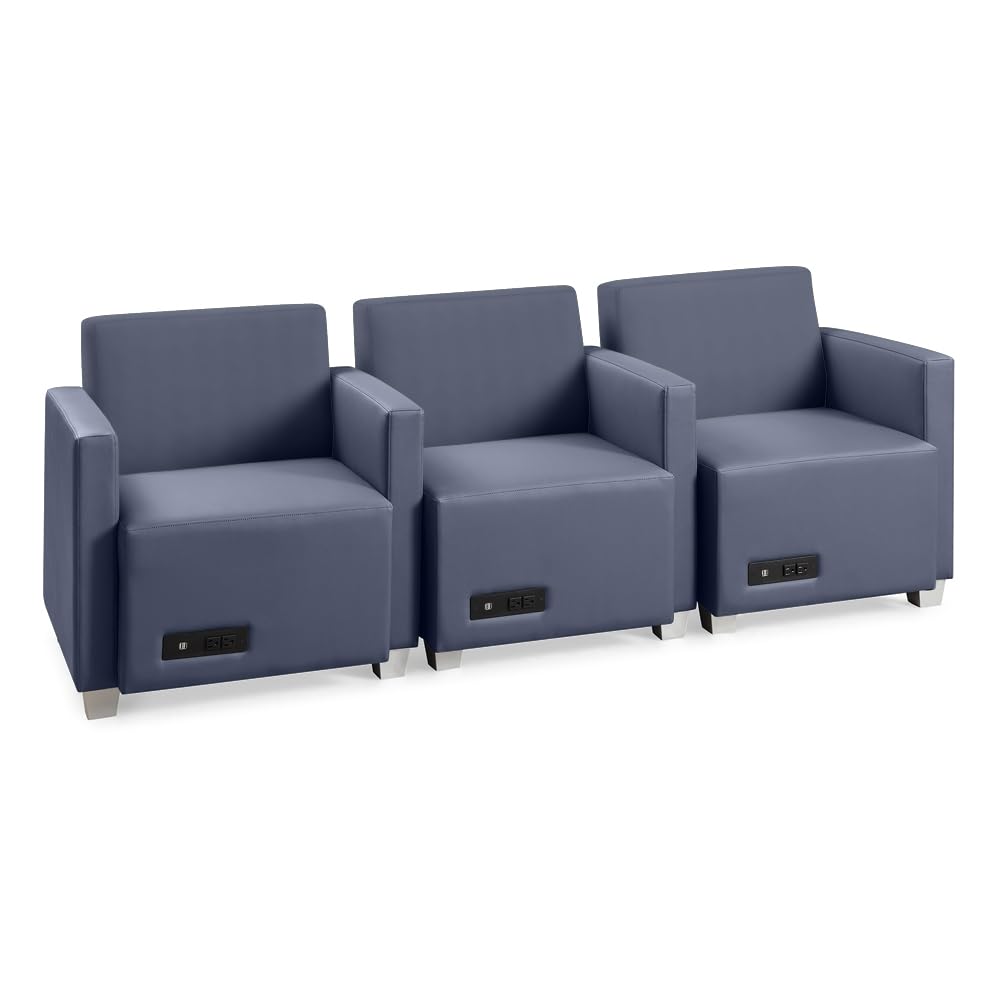 NBF Three Seat Lounge Chair Set with Williamsburg Blue Polyurethane and Silver Legs Provides Comfortable Seating and Integrated Power outlets